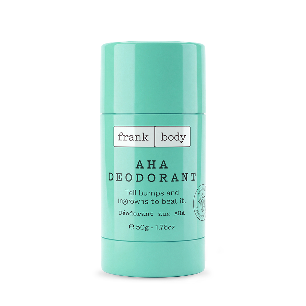 A mint green stick of frank body AHA Deodorant, 50g.