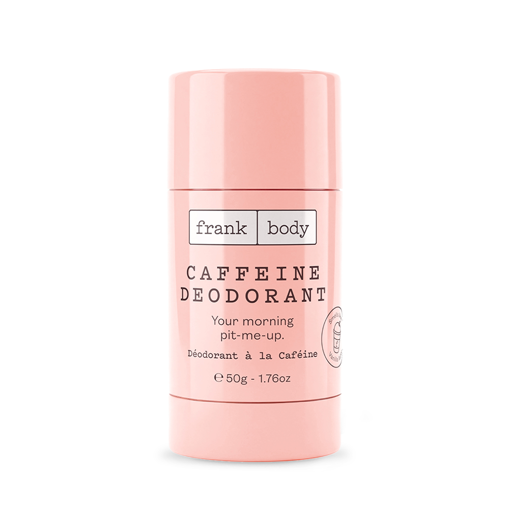 A pink stick of frank body Caffeine Deodorant, 50g.