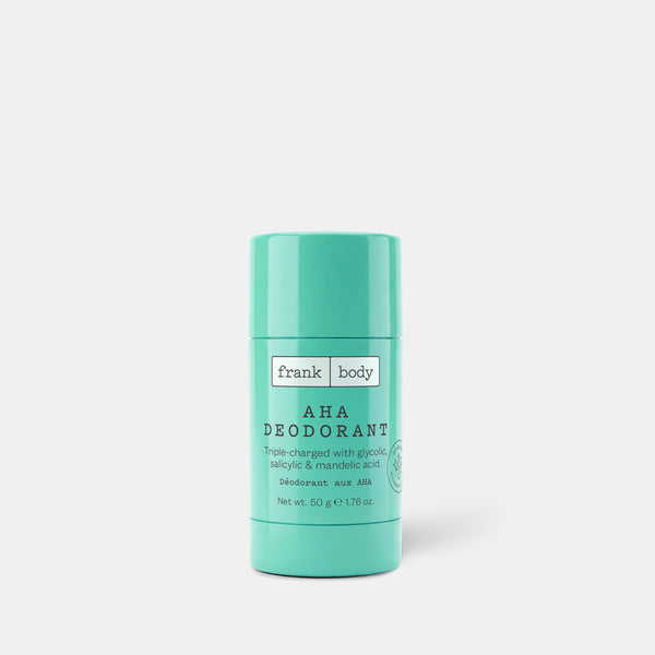 A mint green stick of frank body AHA Deodorant, 50g.