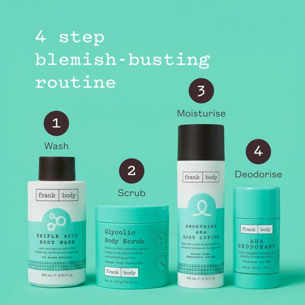 The frank body four step blemish-busting routine on a mint background: 1 Wash with Triple Acid Body Wash, 2 Scrub with Glycolic Body Scrub, 3 Moisturise with Smoothing AHA Body Lotion, 4 Deodorise with AHA Deodorant.