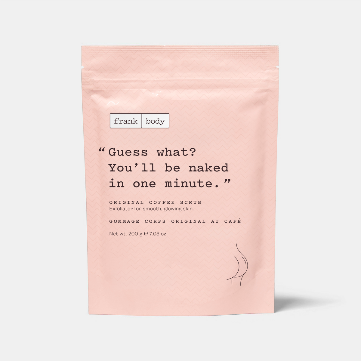 A light pink stand-up pouch of frank body Original Coffee Scrub with black text and a small black line drawing of bare midriff, photographed on a light gray background.